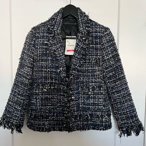 ZARA WOMAN Blue Tweed Blazer. Size XS. NEW with Tags. Size XS
